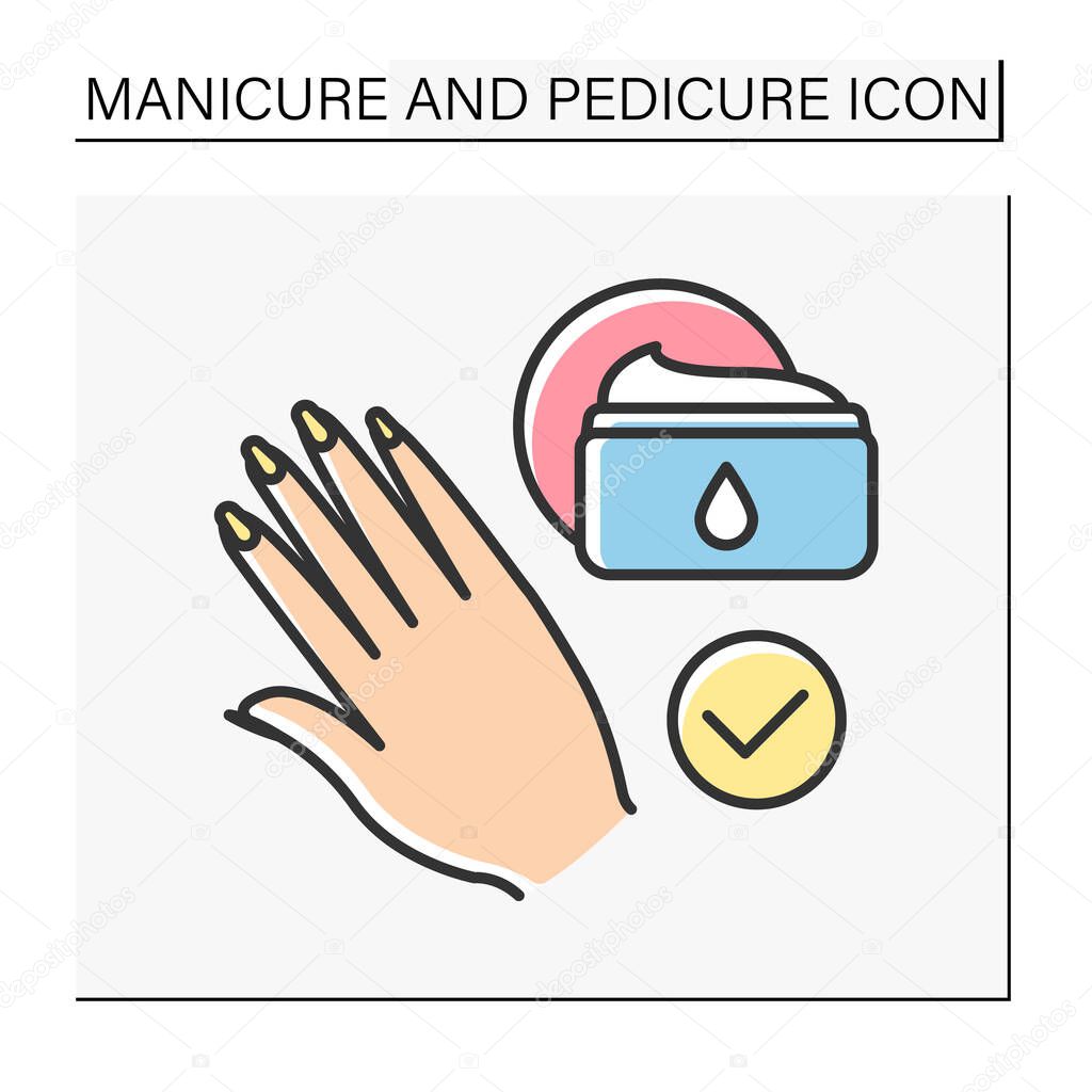 Care color icon. Beauty procedure for hands moisturizing. Delicate care with mask and cream. Spa. Manicure and pedicure concept. Isolated vector illustration