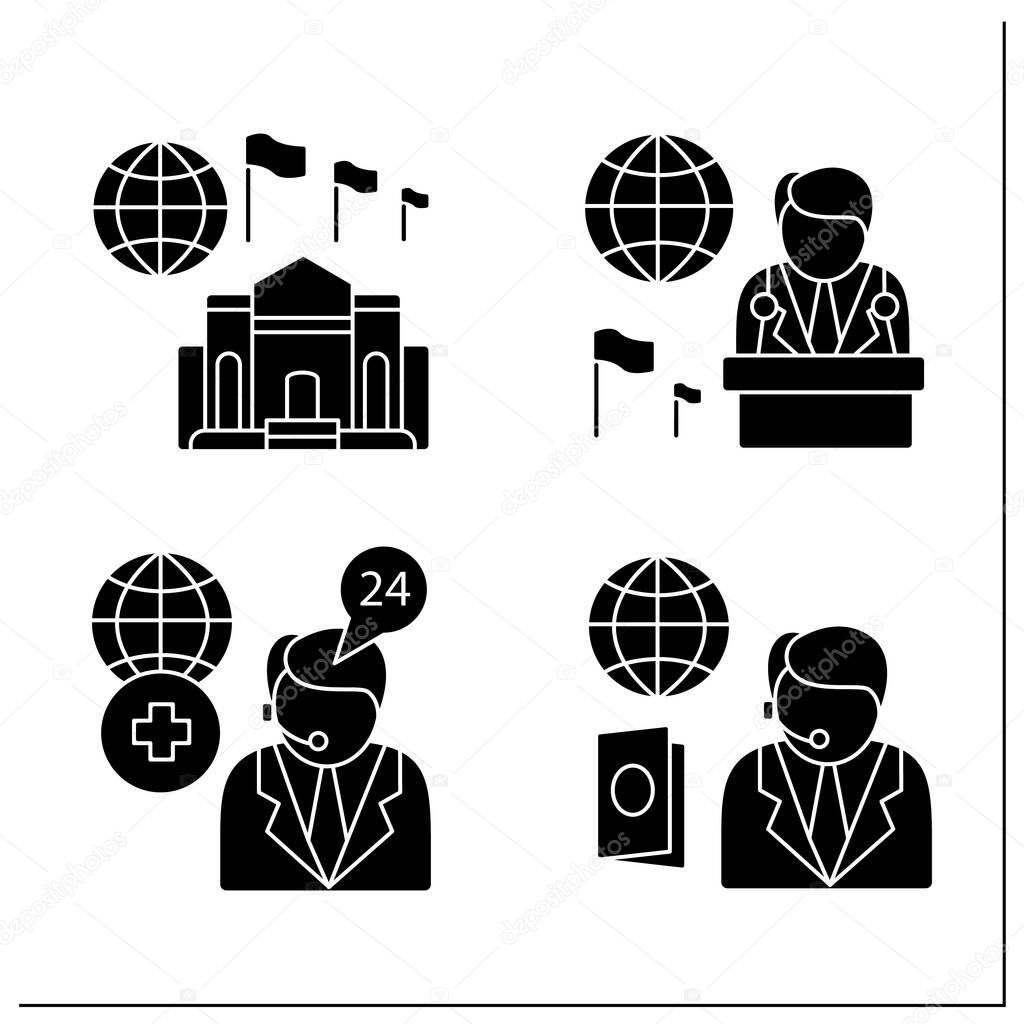 Embassy service glyph icons set. Ambassador, medical and passport assistance, high commission. Diplomation mission concept.Filled flat signs. Isolated silhouette vector illustrations