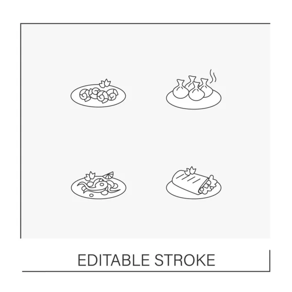 National Dishes Line Icons Set Shawarma Polvo Khinkali Escargot Traditional — Archivo Imágenes Vectoriales