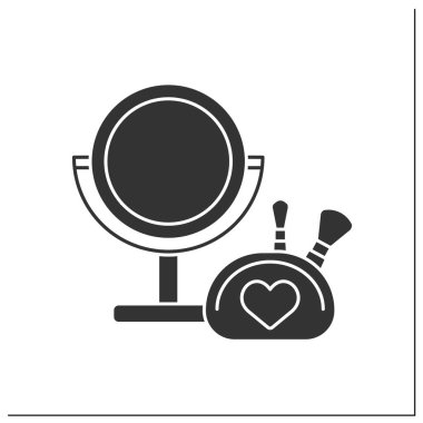  Beauty procedure glyph icon. Table mirror with illumination and makeup kit. Makeup concept. Filled flat sign. Isolated silhouette vector illustration
