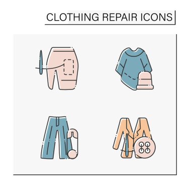 Clothing repair color icons set. Correct and trim length in mini skirt, macho poncho, palazzo trousers, bomber jacket. Fashion concept. Isolated vector illustrations