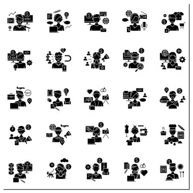 Small business owner glyph icons set. Person creates, organizes, and manages an enterprise by themselves. Professions concept.Filled flat signs. Isolated silhouette vector illustrations