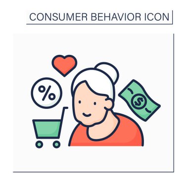 Purchase color icon. Available shopping for seniors. Discounts. Shopping cart. Consumer behavior concept. Isolated vector illustration
