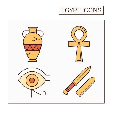 Egypt color icons set. Egyptian culture.Ancient jar, ankh, Ra eye, gold dagger. Traveling concept. Isolated vector illustrations 