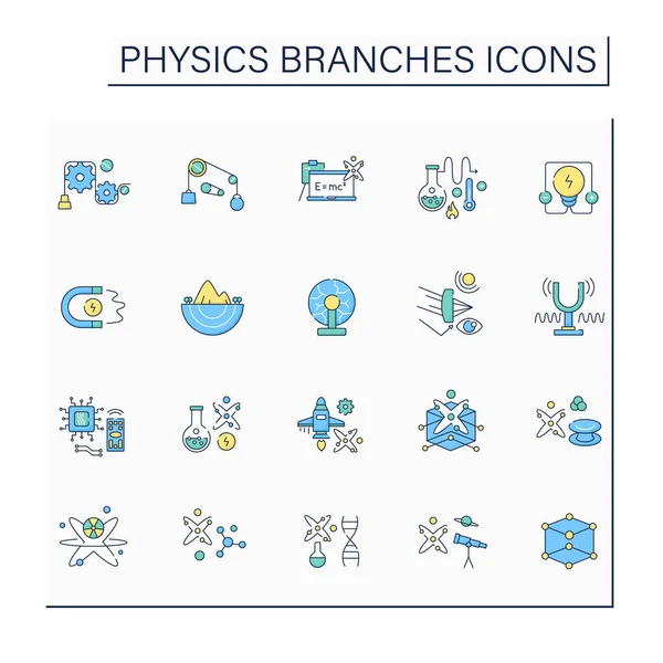 Physics Branches Color Icons Set Scientific Disciplines Research Macroscopic Microscopic — Vector de stock