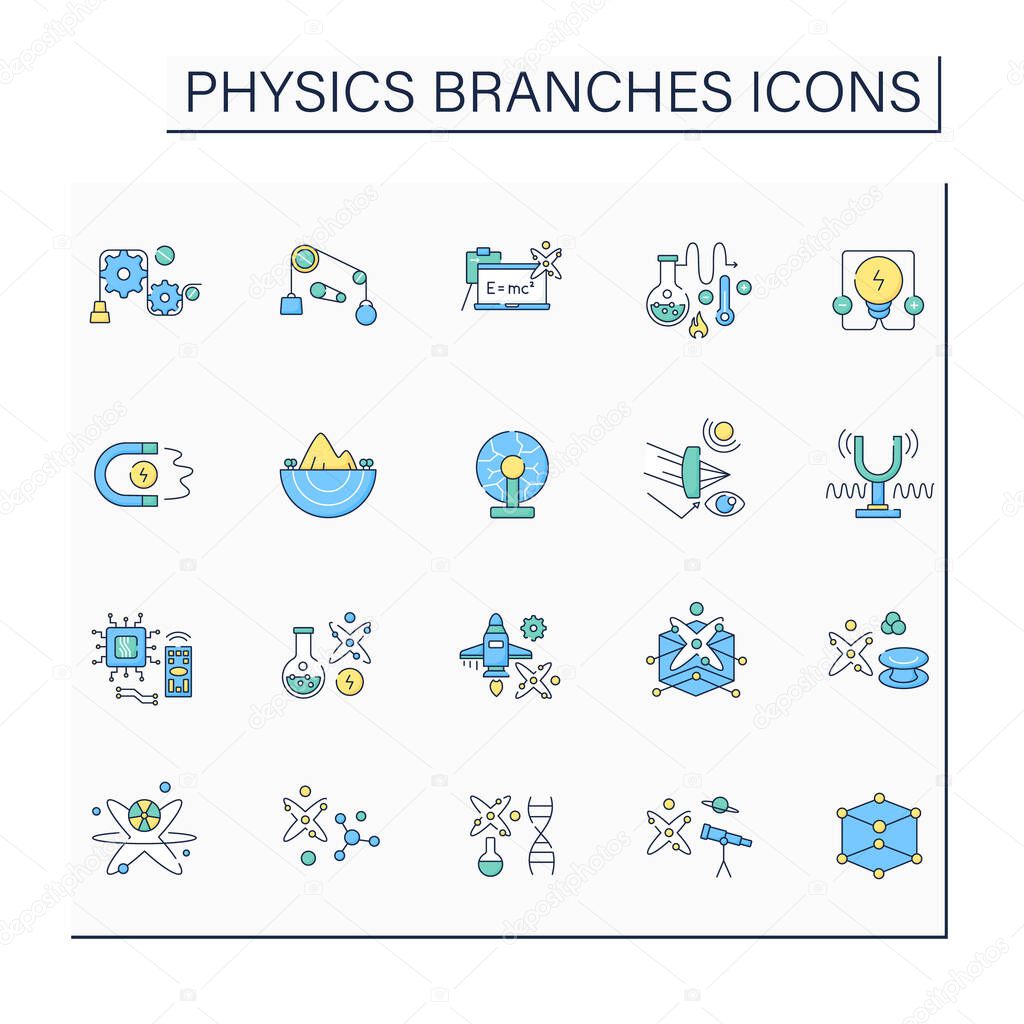 Physics branches color icons set. Scientific disciplines. Research macroscopic and microscopic physical properties. Science concept. Isolated vector illustrations