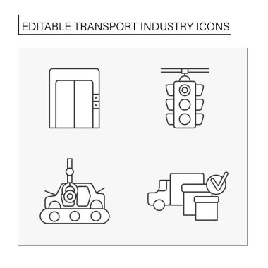  Transport industry line icons set. Public transport. Transportation of goods, people and cargoes. Movement concepts. Isolate vector illustrations. Editable stroke