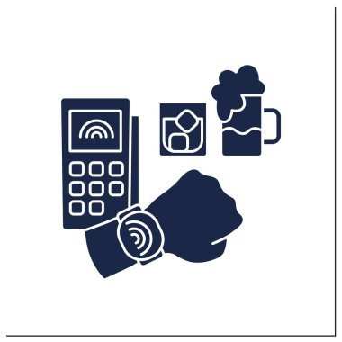 NFC technology glyph icon. Payments in a bar by smart watch. Fast paying for alcohol drinks. Banking terminal. Contactless payment concept.Filled flat sign. Isolated silhouette vector illustration