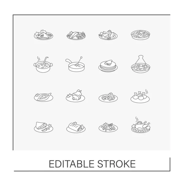 National Dishes Line Icons Set Traditional Cuisine Recipes Ingredients Cafes —  Vetores de Stock