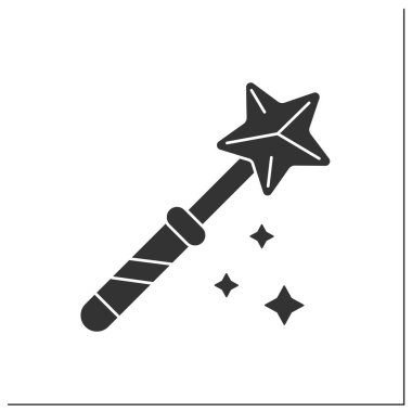  Sihirli değnek sembolü. Sihirli büyüler yapmak ya da sihirbazlık numaraları yapmak için asa. Sihirli sanat konsepti. Düz tabela ile doldurulmuş. İzole edilmiş siluet vektör çizimi