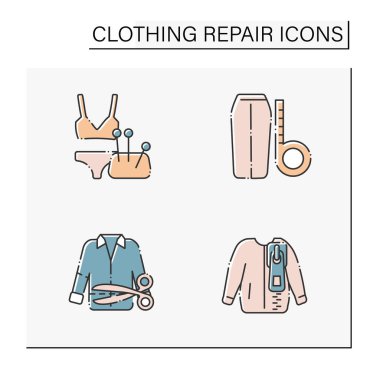 Giysi onarım renk simgeleri ayarlandı. Kadın iç çamaşırları, Midi eteği, spor ceket ve büyük beden gömlek. Moda konsepti. İzole vektör çizimleri
