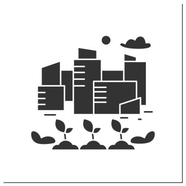 Çiftçilik sembolü. Şehirdeki tarım arazileri. Seedling konteynırları, fidan yatakları. Eko şehri. Dünya günü. Kentsel bahçe kavramı. Düz tabela doldurulmuş. İzole edilmiş siluet vektör çizimi