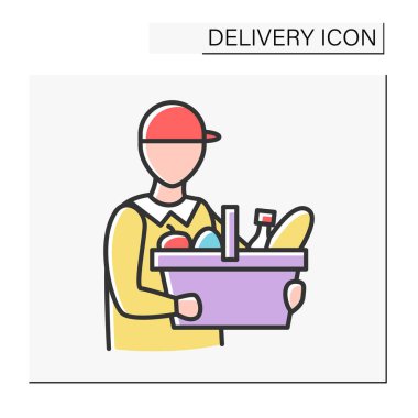 Kurye rengi simgesi. Taşıyıcı, süpermarketten market üretimi yapıyor. İnternetten alışveriş. Alışveriş arabası. Teslimat hizmeti konsepti. İzole vektör illüstrasyonu