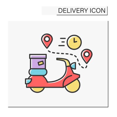 Kargo dağıtım renk simgesi. Hızlı, nakliye için ekspres scooter. Hareket var. Teslimat hizmeti konsepti. İzole vektör illüstrasyonu