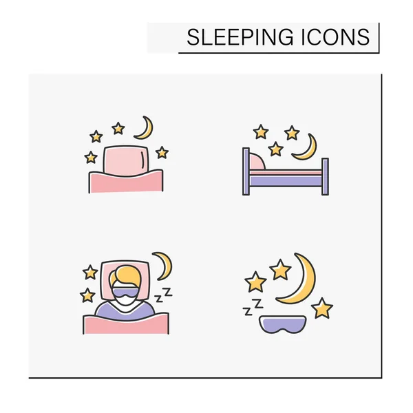 カラーアイコンをスリープ状態にします 月や星や雲との夜 夢を見てる 快適なベッドで眠る 深い休息の概念 絶縁ベクトルイラスト — ストックベクタ