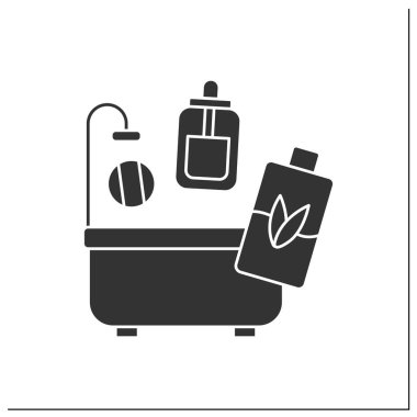 Güzellik prosedürü simgesi. Banyo yaparken vücudu nemlendirmek için serum, losyon ve maske. Doğal kozmetik konsept. Düz tabela. İzole edilmiş siluet vektör çizimi