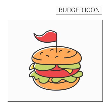 Sandviç rengi simgesi. Marul, soğan, domates ve kızarmış etle lezzetli bir burger. Cafe 'den lezzetli yemekler. Fast food konsepti. İzole vektör illüstrasyonu