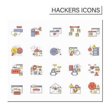 Hacker renk simgeleri ayarlandı. Güvenli web taraması ve siber güvenlik. Kişisel veri ve hesap hırsızlığı, hackleme saldırıları ve kötü niyetli yazılım türleri kavramı. İzole vektör illüstrasyonu