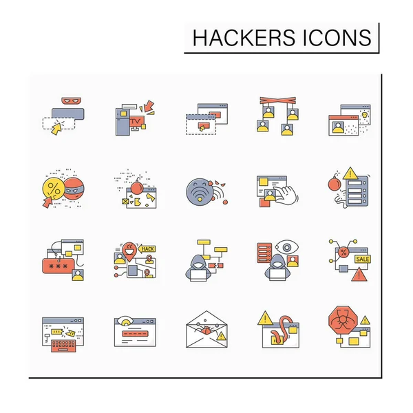 Hacker renk simgeleri ayarlandı. Güvenli web taraması ve siber güvenlik. Kişisel veri ve hesap hırsızlığı, hackleme saldırıları ve kötü niyetli yazılım türleri kavramı. İzole vektör illüstrasyonu