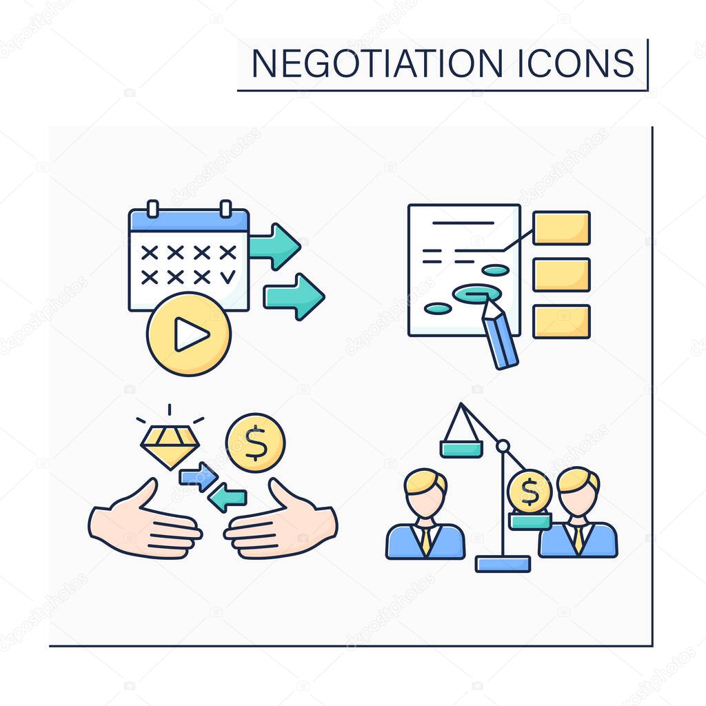 Negotiation color icons set. Starting date, amendment, logrolling, zero-sum. Business concept. Isolated vector illustrations