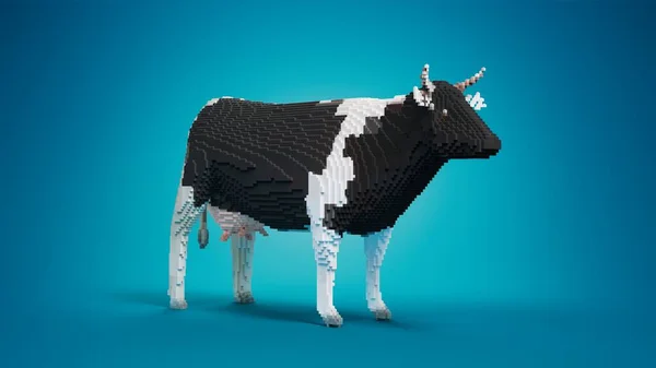 Oyuncak lego blokları. Mavi stüdyo arka planında oyuncak tuğlalardan toplanmış inek figürü. 3d resimleme.