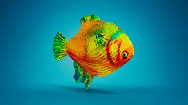 Oyuncak lego blokları. Oyuncak tuğlalardan balık figürü toplanıyor.
