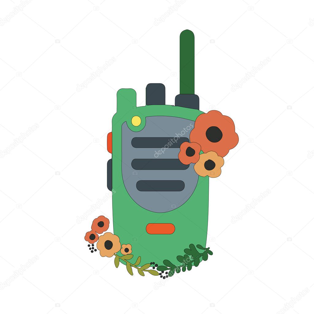 Illustration of walkie-talkie with flowers, the symbol of the end of the war, concept of good and peaceful news from the walkie-talkie 