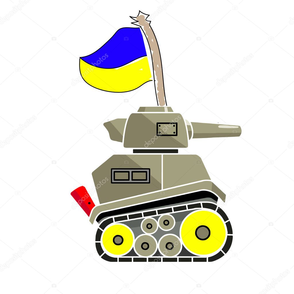  Vector illustration of military tank with Ukrainian flag, Patriotic people, Armed Forces of Ukraine (AFU) concept