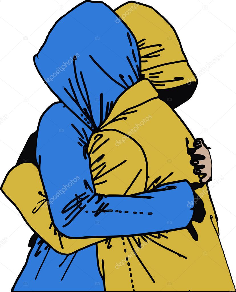 Two people hugging each other, yellow-blue vector illustration of stop the war and patriotism concept, peace in Ukraine in the year 2022