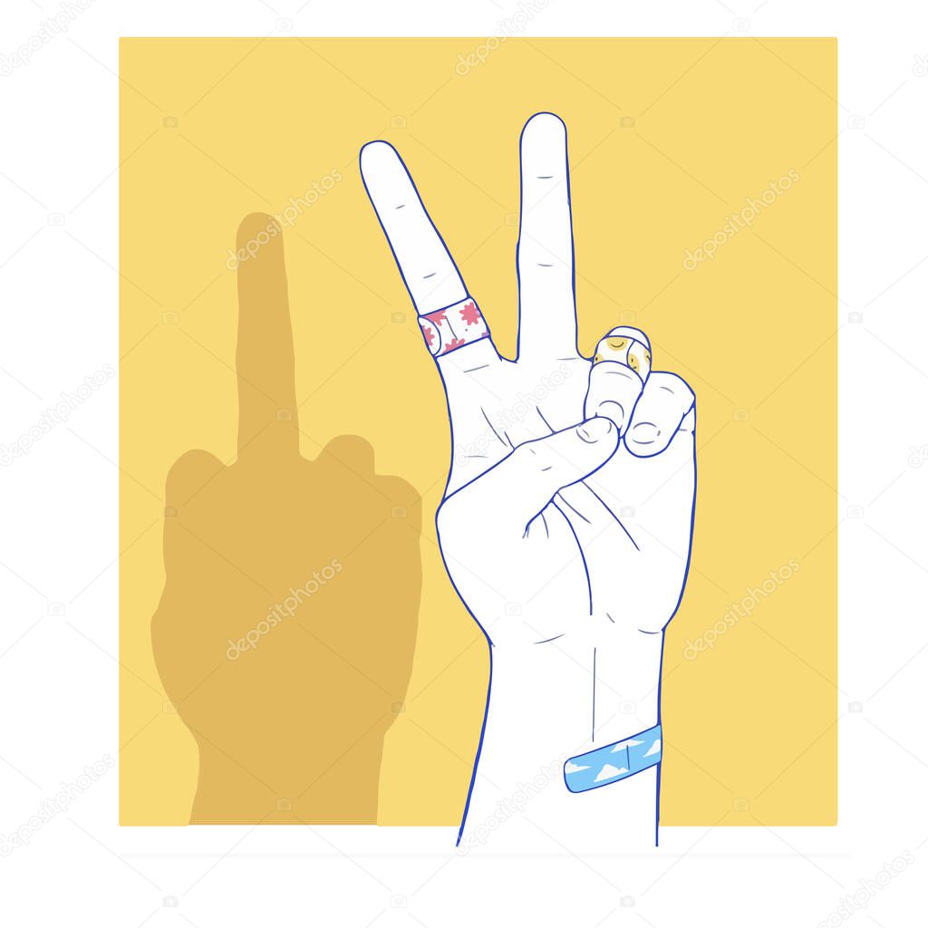 vector illustration of V sign is a hand gesture, Victory gesture and hand shadow with fuck off gesture