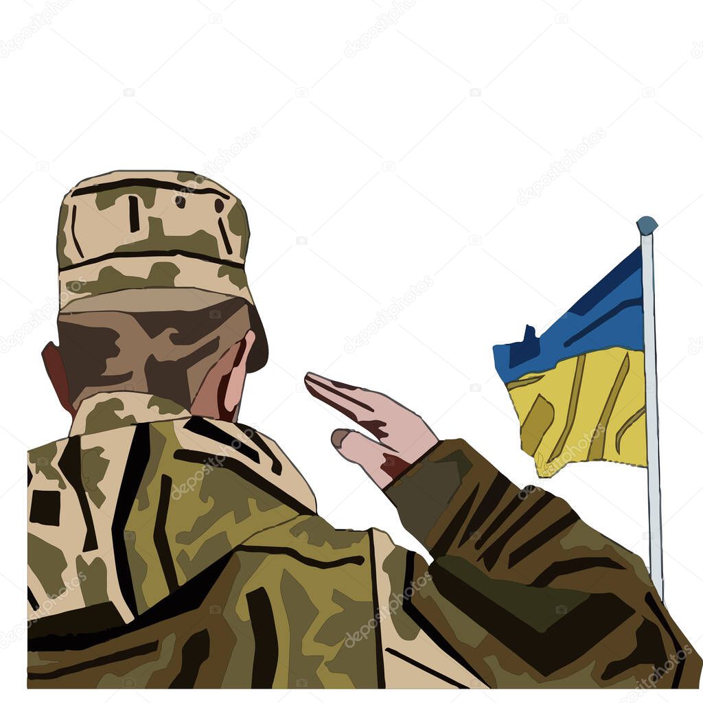  vector illustration of soldier dressed in military uniform salutes in front Ukrainian flag.  Ukrainian army guard in uniform. Patriotic people, therodefense and Armed Forces of Ukraine (AFU) concept