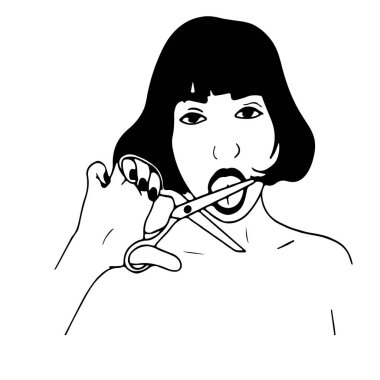   Bob saç stili elinde makasla ağzı açık ve makas yalayan bir kızın siyah beyaz çizimi.