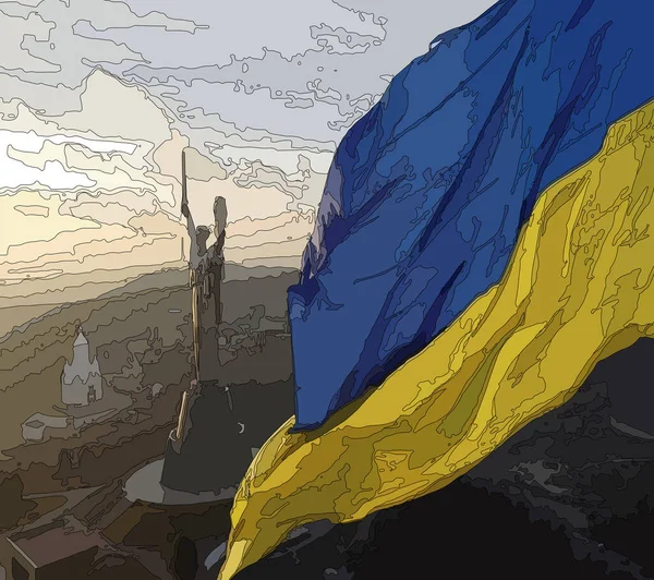 Die Nationalflagge Des Landes Ukraine Blau Gelb Und Mutterland Denkmal — kostenloses Stockfoto