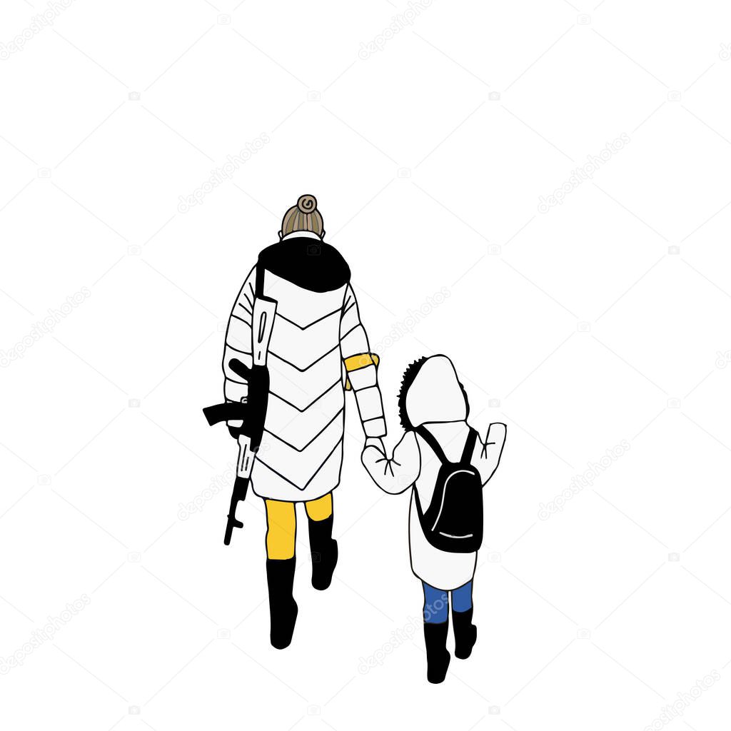   Illustration of a mother walking with gun and holding her child's hand, Concept of The All Mothers in Ukraine, They have to be strong, Women no other choice to rescue their children, it's like symbol of Ukraine She protecting her future