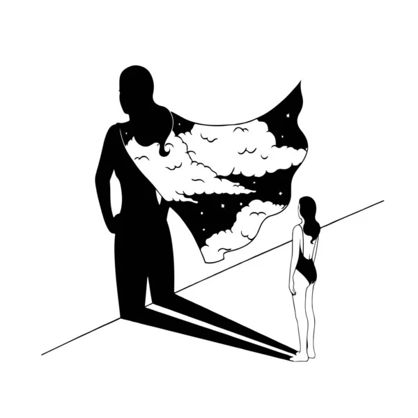 Διάνυσμα Απεικόνιση Της Σκιάς Ενός Κοριτσιού Κάπα Υπερήρωα Αυτοεκτίμηση Και — Διανυσματικό Αρχείο