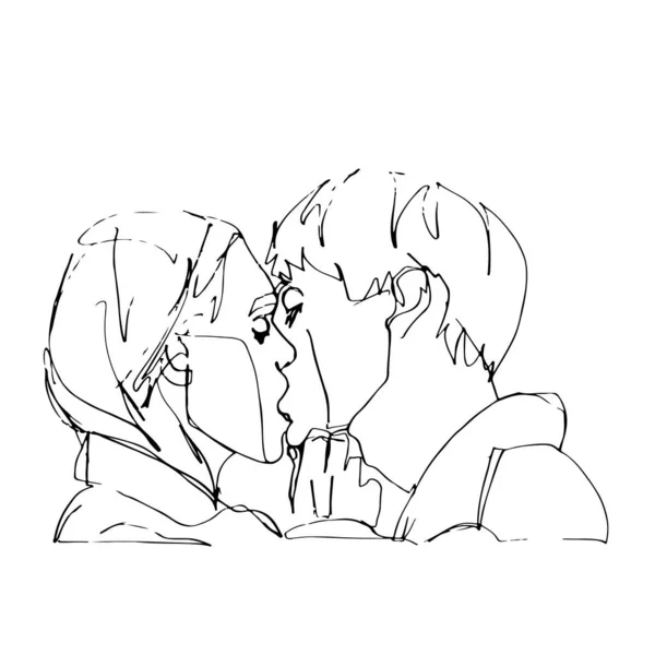 ライン愛の若いカップルのアートベクトルイラスト 愛のカップルのクローズアップ図面はキスです 本当にロマンチックな情熱的な瞬間 夫婦の動機 — ストックベクタ
