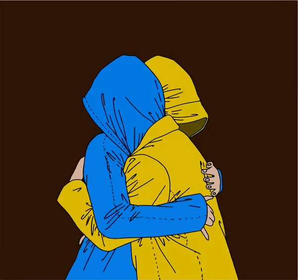 Deux Personnes Serrant Dans Leurs Bras Illustration Vectorielle Jaune Bleu — Image vectorielle