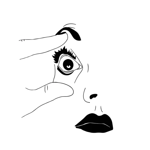Ilustración Vectorial Una Mujer Abriendo Ojo Con Mano — Vector de stock