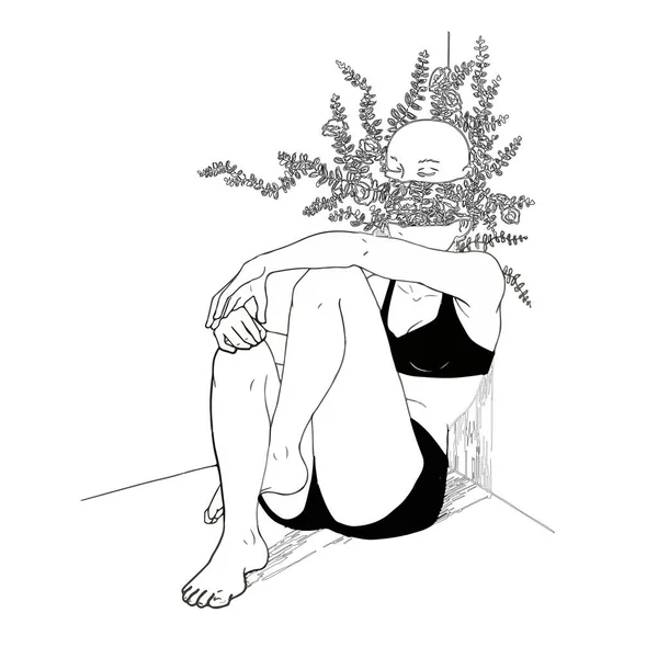 Векторна Ілюстрація Дівчини Плющем Замість Половини Обличчя Сидить Кутку — стоковий вектор