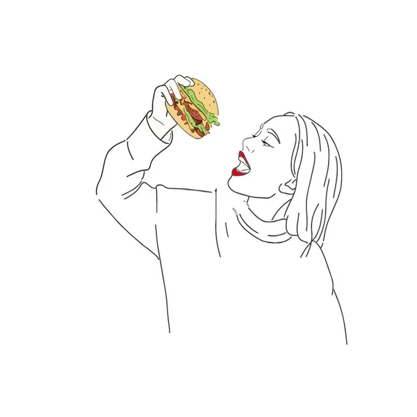 Векторная Иллюстрация Сексуальной Девушки Держащей Гамбургер Открытого Рта Соблазнительное Поедание — стоковый вектор