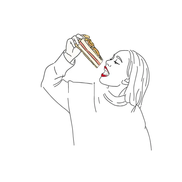Векторная Иллюстрация Сексуальной Девушки Держащей Торт Открытого Рта Соблазнительно Съесть — стоковый вектор