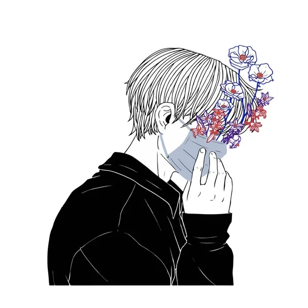 Vektor Illustration Kille Skyddande Mask Och Blommor Från Det — Stock vektor