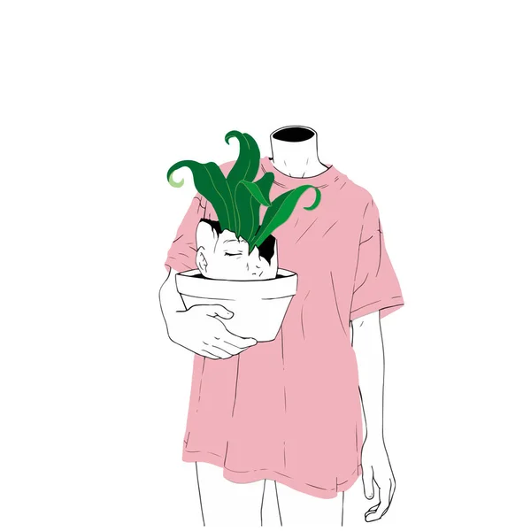 Ilustração Vetorial Mulher Sem Uma Cabeça Segurando Panela Com Planta — Vetor de Stock