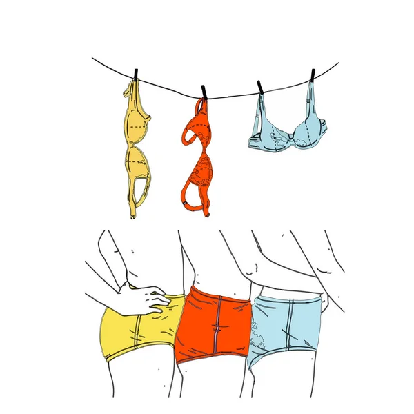 Ilustración Vectorial Una Fila Chicas Pantalones Cortos Sujetadores Colgando Una — Vector de stock