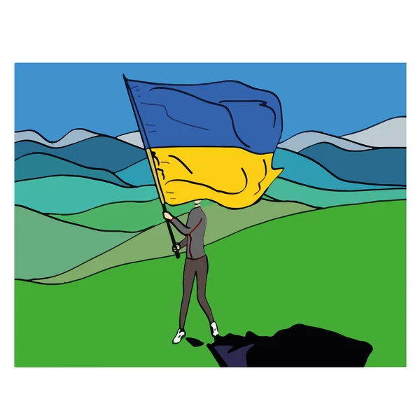 Persona Que Enarbola Bandera Nacional Del País Ucrania Color Azul — Vector de stock