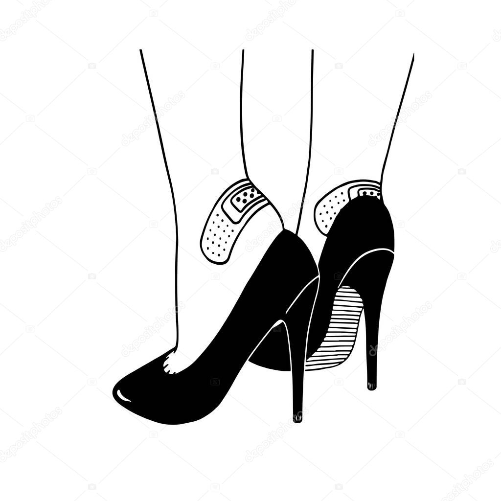    Vector illustration of female legs in high heels and rubbed places sealed with plasters