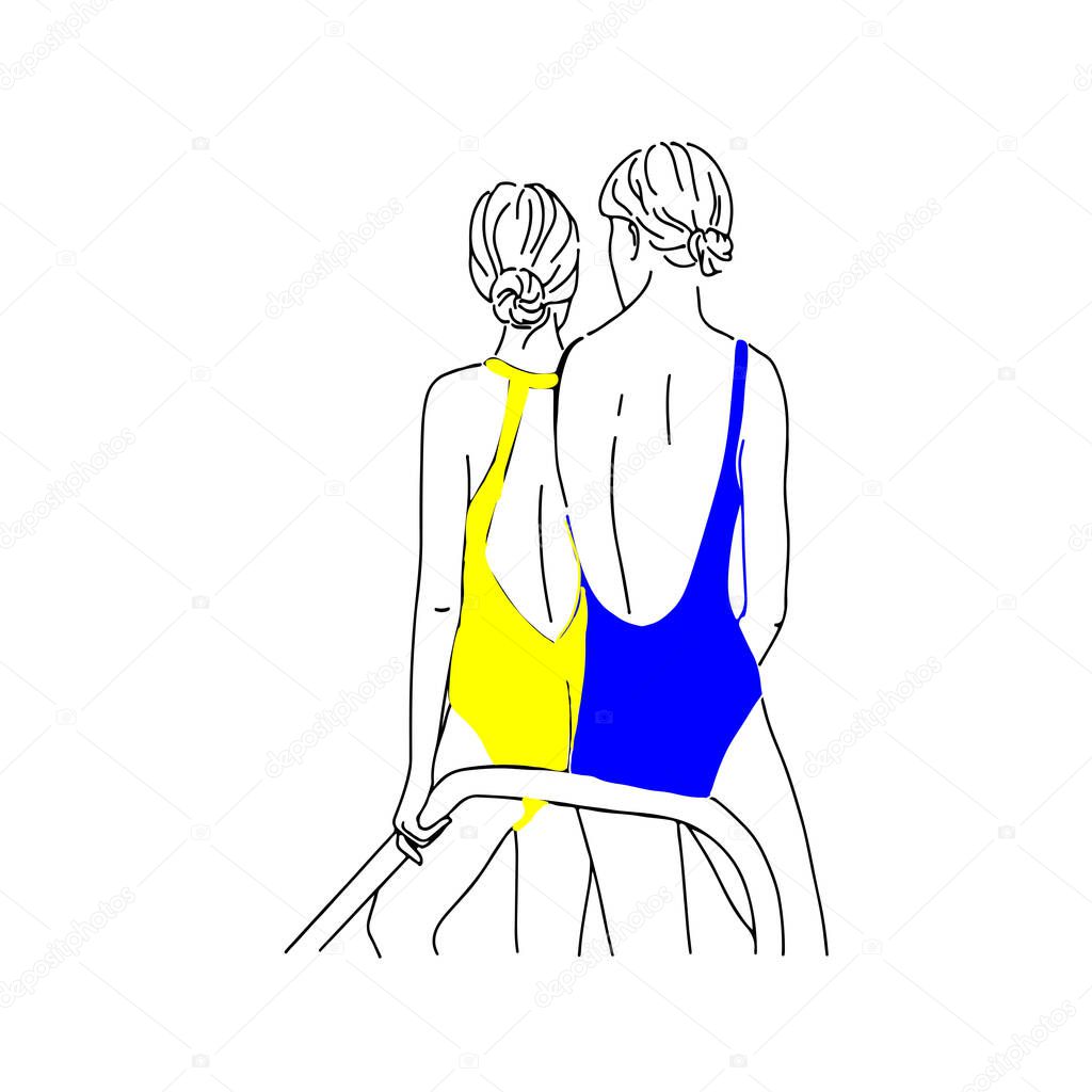   Two girls wearing color of yellow and blue swimsuits, a Symbol of support for Ukraine