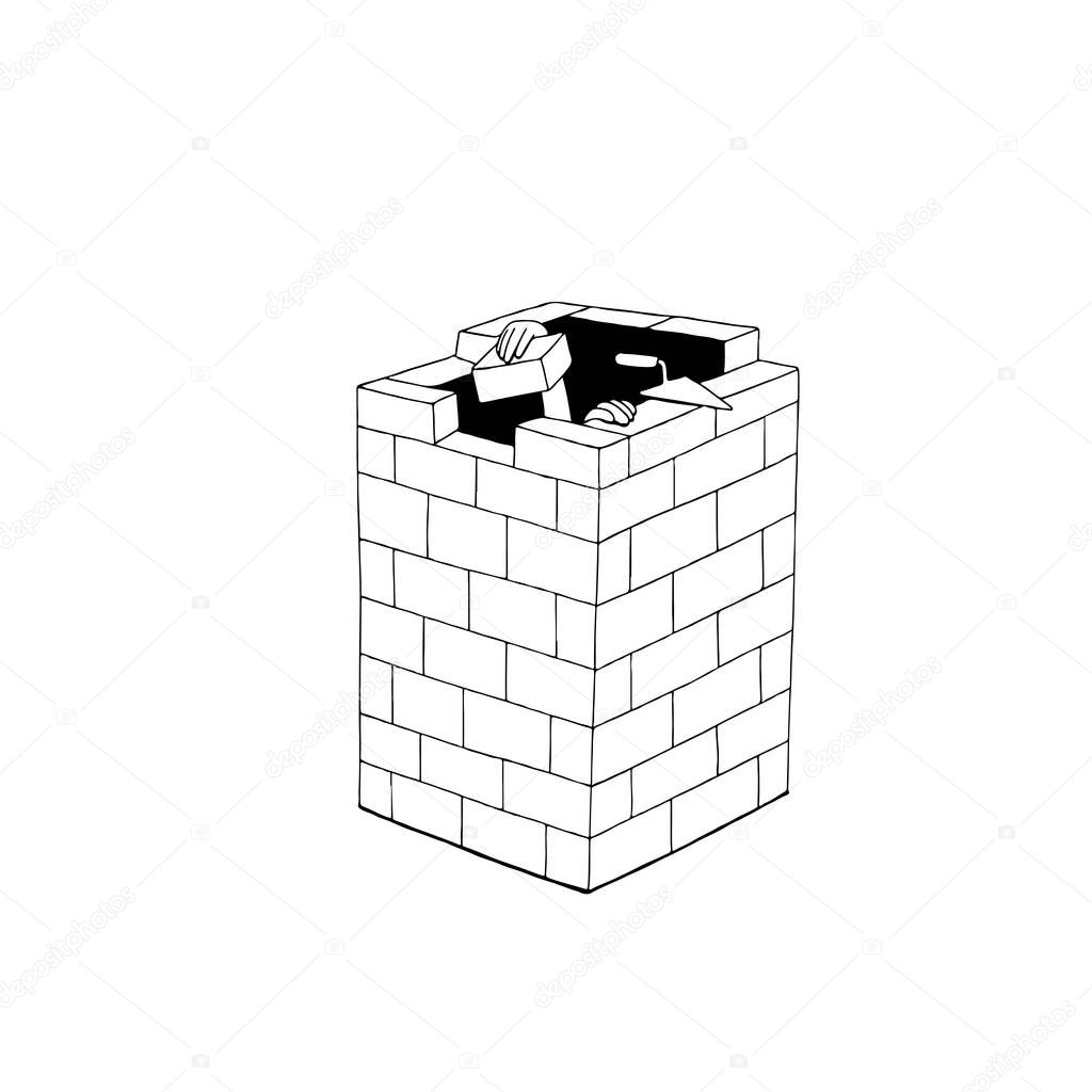   Vector illustration of man walling himself up, self-isolation concept