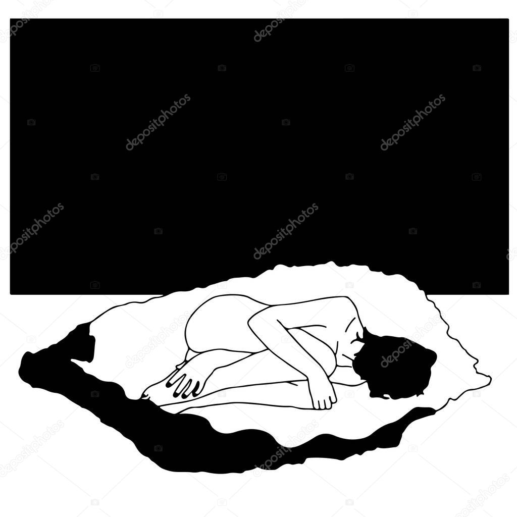    Vector illustration of a girl in a fetal position lying in the black-white background