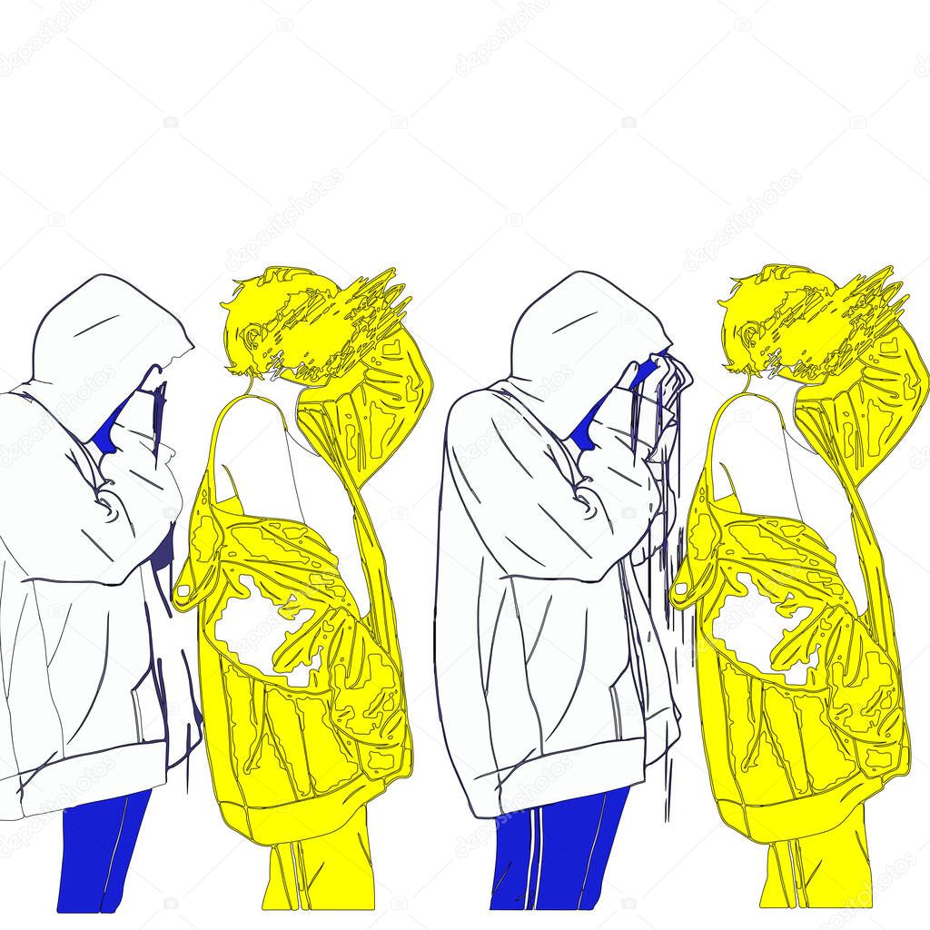   Vector illustration of people in blue-yellow color, stop the war and patriotism concept, peace in Ukraine